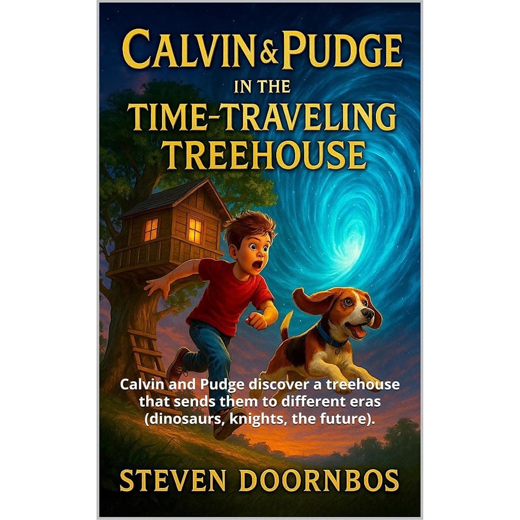 Titelbild von Calvin and Pudge in the Time-Traveling Treehouse. A read-to-me Action packed book for kids.