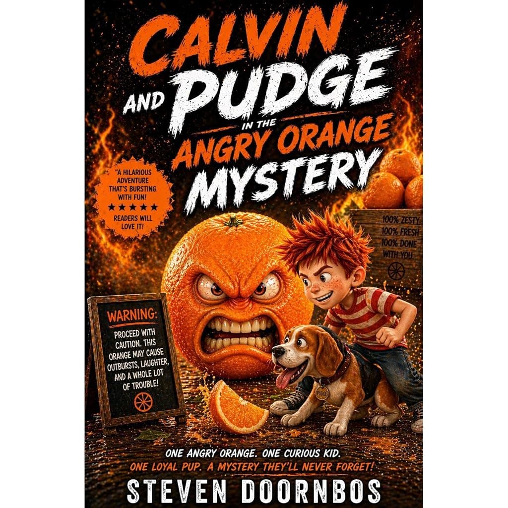 Titelbild von Calvin and Pudge in the. Angry Orange Mystery. One angry orange. One curious kid. One loyal beagle.